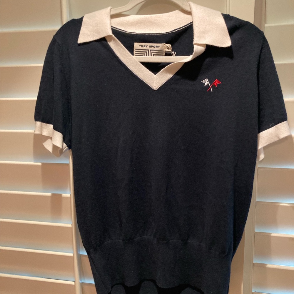 (NWT) Tory Burch sport  navy blue with white trim, cashmere polo sweater